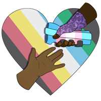 A hand wearing a dark purple galaxy patterned compression glove offering a trans pride flag colored wrist brace to an empty hand. The hands are on a heart pattered as the disability pride flag.