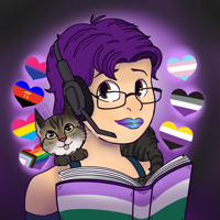 A animation style drawing of a white person with short purple hair, glasses, a headset, and ombre purple and blue lipstick. There is a grey tabby on their shoulders and they are holding a book patterned with the genderqueer flag. Around them are 7 hearts, each a pride flag: bisexual, polyamorous, pansexual, asexual, inclusive pride, transgender, and nonbinary.